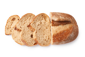 Pieces of fresh bread isolated on white, top view