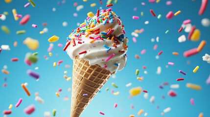 Ice cream cone with colorful sprinkles flying in air against blue background, copy space