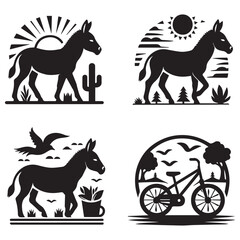 create four black donkey Silhouette Vector with white background