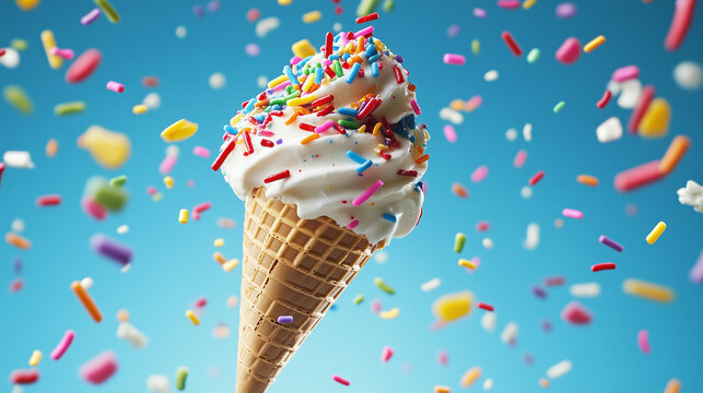 Ice cream cone with colorful sprinkles flying in air against blue background, copy space