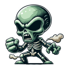 Grumpy Cartoon Alien Character with Skeleton Body
