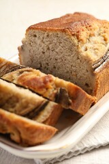 Pieces of banana bread on table, closeup