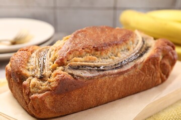 Delicious homemade banana bread on table, closeup