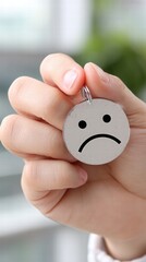 Hand Holding Sad Face Pendant in Soft Focus Background