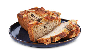 Cut banana bread with nuts isolated on white