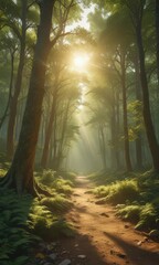 Golden sunlight streams through emerald canopy, illuminating dappled forest floor ,  spring,  forest floor