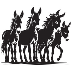 create four black donkey Silhouette Vector with white background