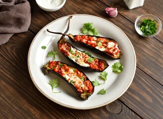 Roasted aubergine with yogurt and tomato sauce dressing