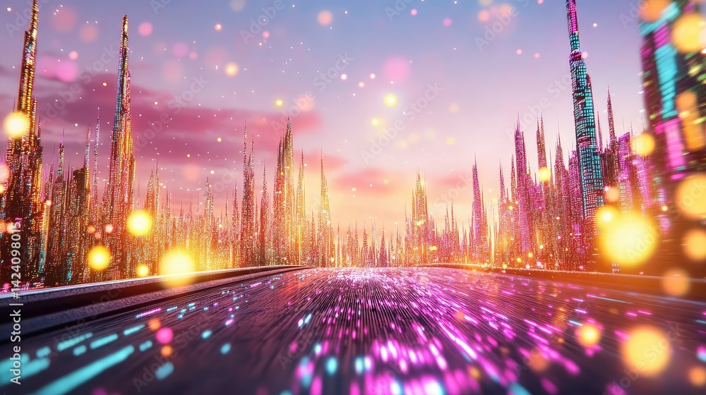 Poster virtual city highway made of data streams, surrounded by glowing binary towers