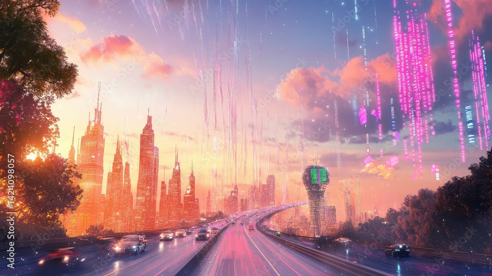 Poster virtual city highway made of data streams, surrounded by glowing binary towers