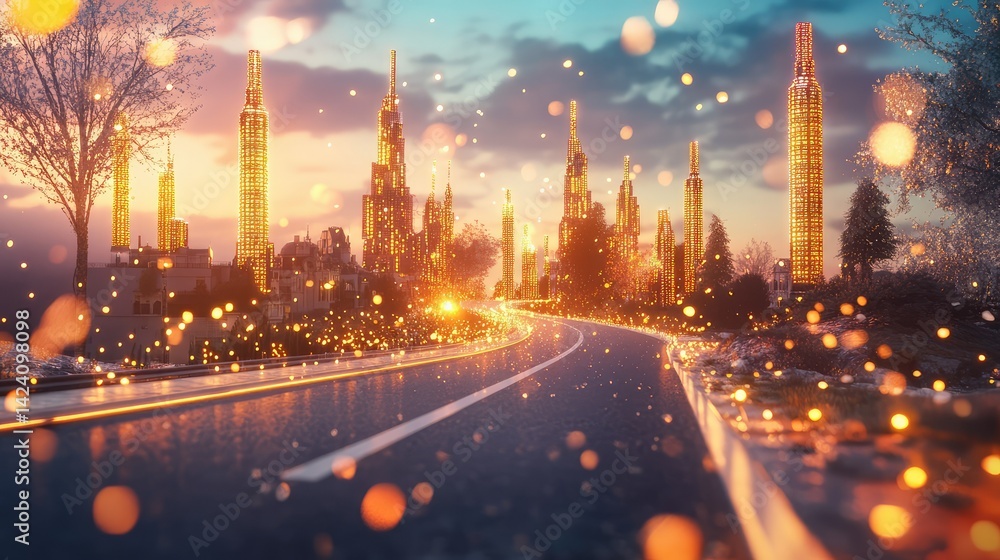 Poster virtual city highway made of data streams, surrounded by glowing binary towers