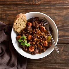 Polish bigos. Stewed cabbage with sauerkraut, mushrooms, smoked meats
