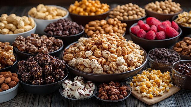 Wide variety of sweet nut clusters, peanuts and caramel popcorn in bowls. Decadent and festive snacks displayed for National Peanut Cluster Day celebration