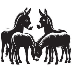 create four black donkey Silhouette Vector with white background