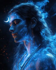 Naklejka premium cosmic god Shiva, surrounded by swirling blue energy, crescent moon and Ganga visible on head, isolated on black background with glowing aura