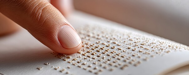 Inclusive education special needs community support concept. A close-up of a finger touching braille text on a page, highlighting tactile reading for the visually impaired.