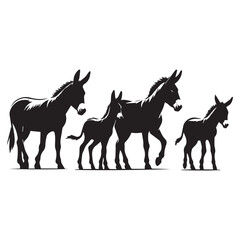 create four black donkey Silhouette Vector with white background