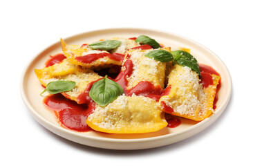 Delicious ravioli with tomato sauce, parmesan cheese and basil isolated on white