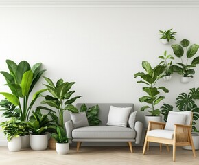 Modern Living Room with Green Plants and Cozy Sofa Elements