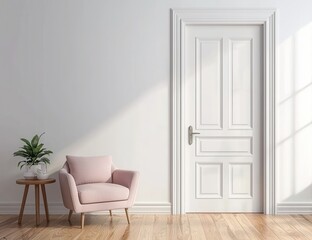 Cozy Living Room with Elegant Pink Chair and White Door Design