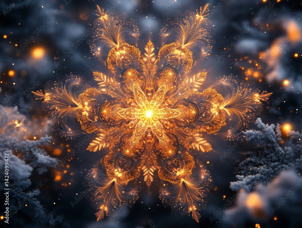 Poster ethereal golden snowflake: a mesmerizing display of intricate patterns and radiant light amidst a da