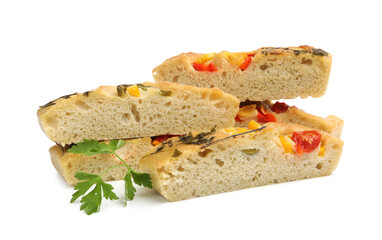 Pieces of delicious focaccia isolated on white