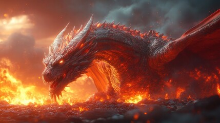 Fototapeta premium detailed concept art of ancient dragon atop scorched battlefield, cinematic light and smoke trails