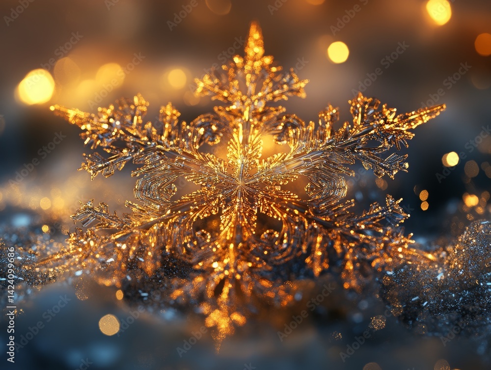 Poster golden snowflake: a macro image of a glittering christmas ornament against a dark background with bo
