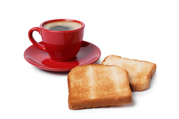 Tasty toast bread and coffee isolated on white