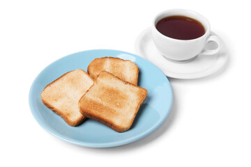 Tasty toast bread and tea isolated on white
