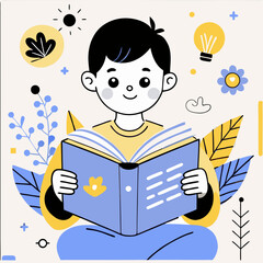 Happy boy reading a book surrounded by nature-themed illustrations  