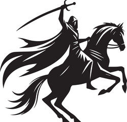 Silhouette of Medieval Warrior on Horse with Sword – Vector Art