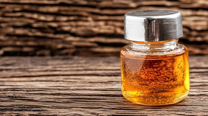 A small glass bottle with a silver lid sits on a wooden surface.