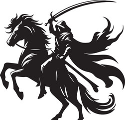 Silhouette of Medieval Warrior on Horse with Sword – Vector Art