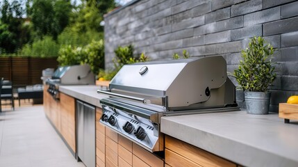 Highperformance stainless steel outdoor kitchen with fireresistant panels, hidden ventilation, and sleek monochrome styling