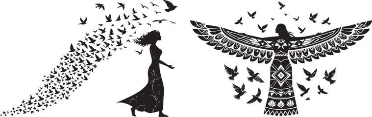 Mother figure made of birds flying in tribal shape

