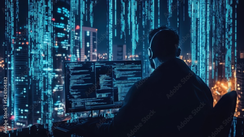 Aufkleber a programmer engrossed in coding at night, overlooking a cityscape filled with digital code.