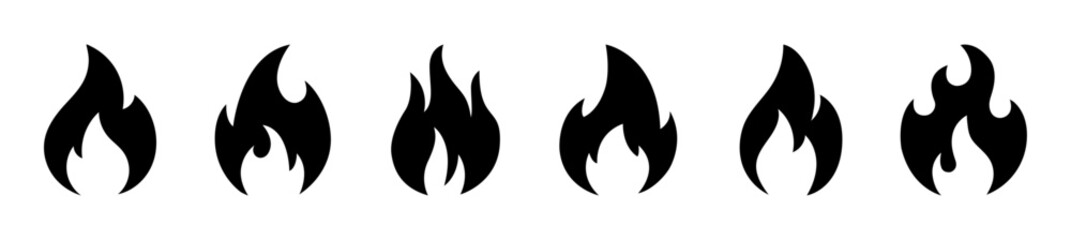 Set of black flame icons in modern silhouette style. Perfect for UI design, warning signs, heating, fire safety, and energy concepts. Includes various flame shapes in vector format. Flame, fire, icon.
