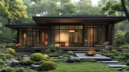 Modern minimalist house nestled in a lush green forest with a zen garden.