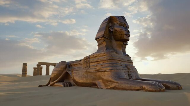 Ancient stone sphinx statue in sand dunes with temple ruins under a cloudy sky, depicting historical fantasy and old world architecture.