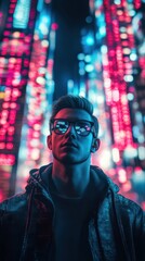 Obraz premium A young man in a city illuminated by vibrant neon lights.