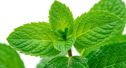 Close up of fresh green mint leaves showcasing detailed leaf veins and serrated edges on white background