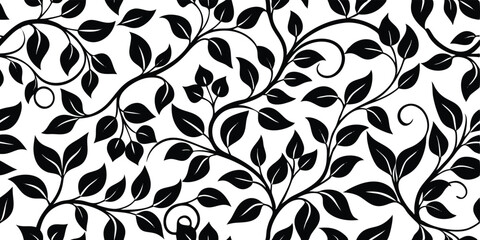 black and white seamless vector pattern featuring artistic floral vines and leaves with elegant curves