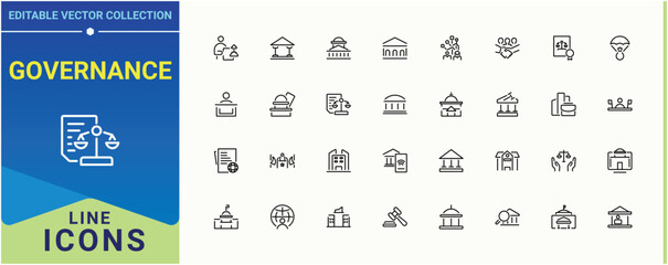 Governance icon set. Government related icon set. Diplomatic sign and symbol. Minimal icons set. Pictogram and infographic.