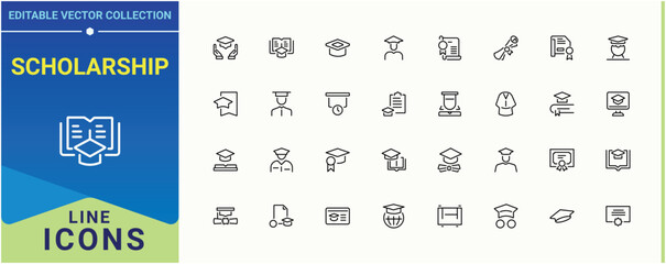 Scholarship vector icon set. Containing academic, college, university, bachelor, learning, graduate and more. Graduation line icon set. Vector outline icons collection. Vector illustration.