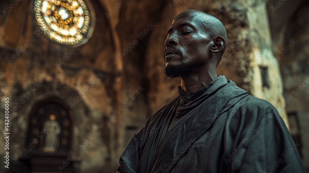 Poster inside a timeless abbey, a figure dressed in dark robes stands with eyes closed, embracing tranquili