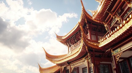 Naklejka premium Architectural detail of traditional Chinese temple. Ornate roof tiles, elaborate woodwork, and vibrant colors create a striking image of cultural heritage. Sunlight highlights the intricate details
