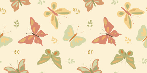 Boho Seamless Pattern with Butterflies and Leaves in Soft Earth Tones. Vector hand-drawn pattern in a boho color palette. Ideal for textiles, nursery decor, wallpaper,seasonal summer,spring projects.