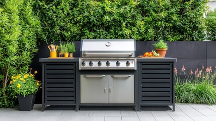 Highperformance stainless steel outdoor kitchen with fireresistant panels, hidden ventilation, and sleek monochrome styling