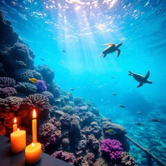 Obraz premium Serene Underwater Seascape: Vibrant Coral Reef with Graceful Sea Turtles
